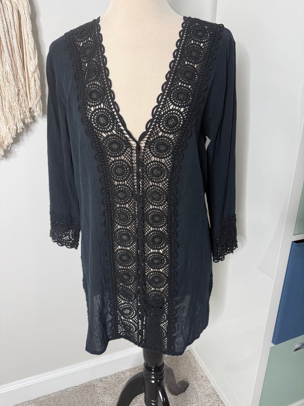 Women's La Blanca Black 100% Cotton Crochet Boho Bathing Suit Swim Cover-up XS